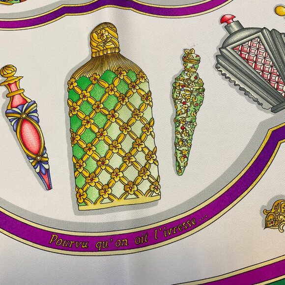 Hermes Green Multi Qu'Importe Le Flacon Print Square Silk Twill Scarf - Picture 6 of 11